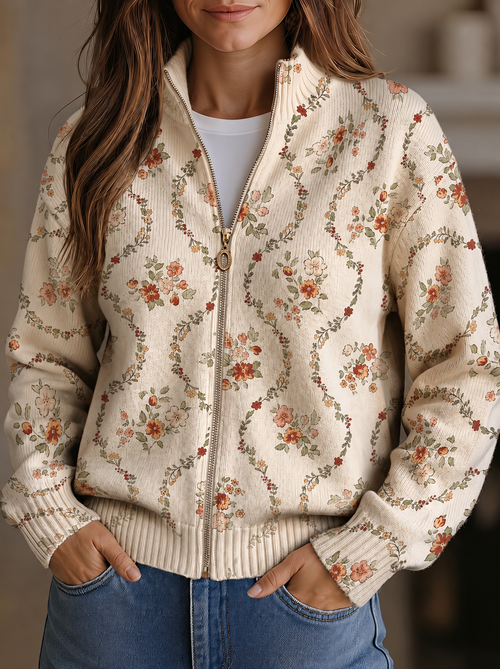Cardigan Floreale in Maglia con Zip da Donna