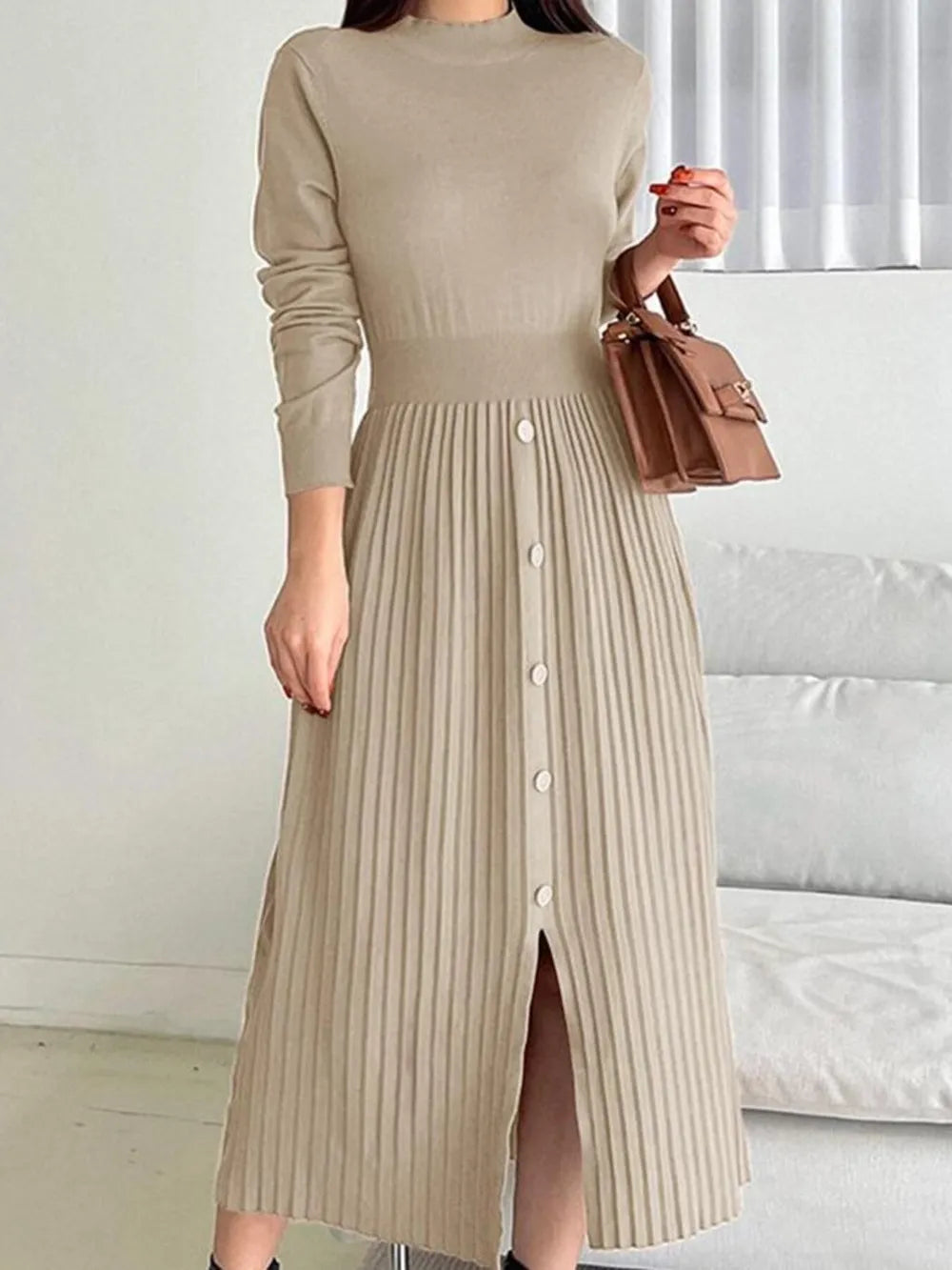 Sylvaine - Abito maglia elegante a collo alto con spacco frontale