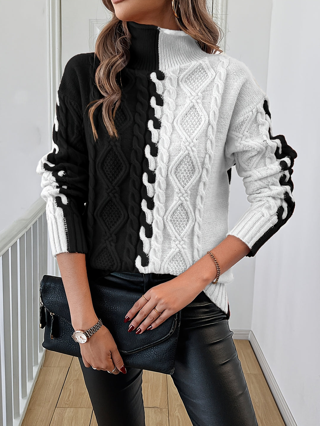 Nevaeh - Maglione caldo a collo alto in maglia a trecce elegante
