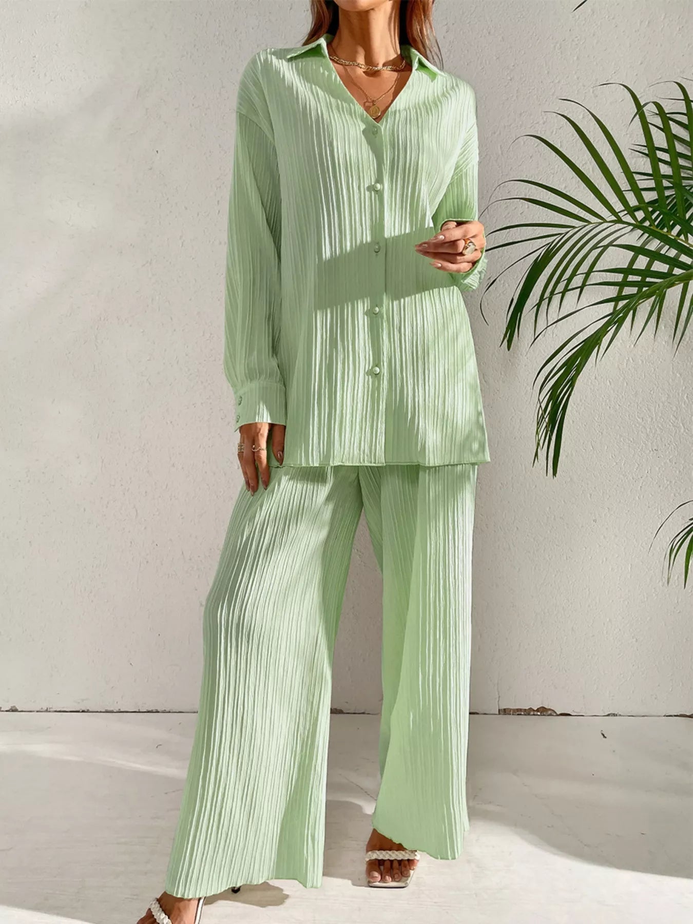 Jimmena - Set accogliente con camicia testurizzata a maniche lunghe e pantaloni a gamba larga