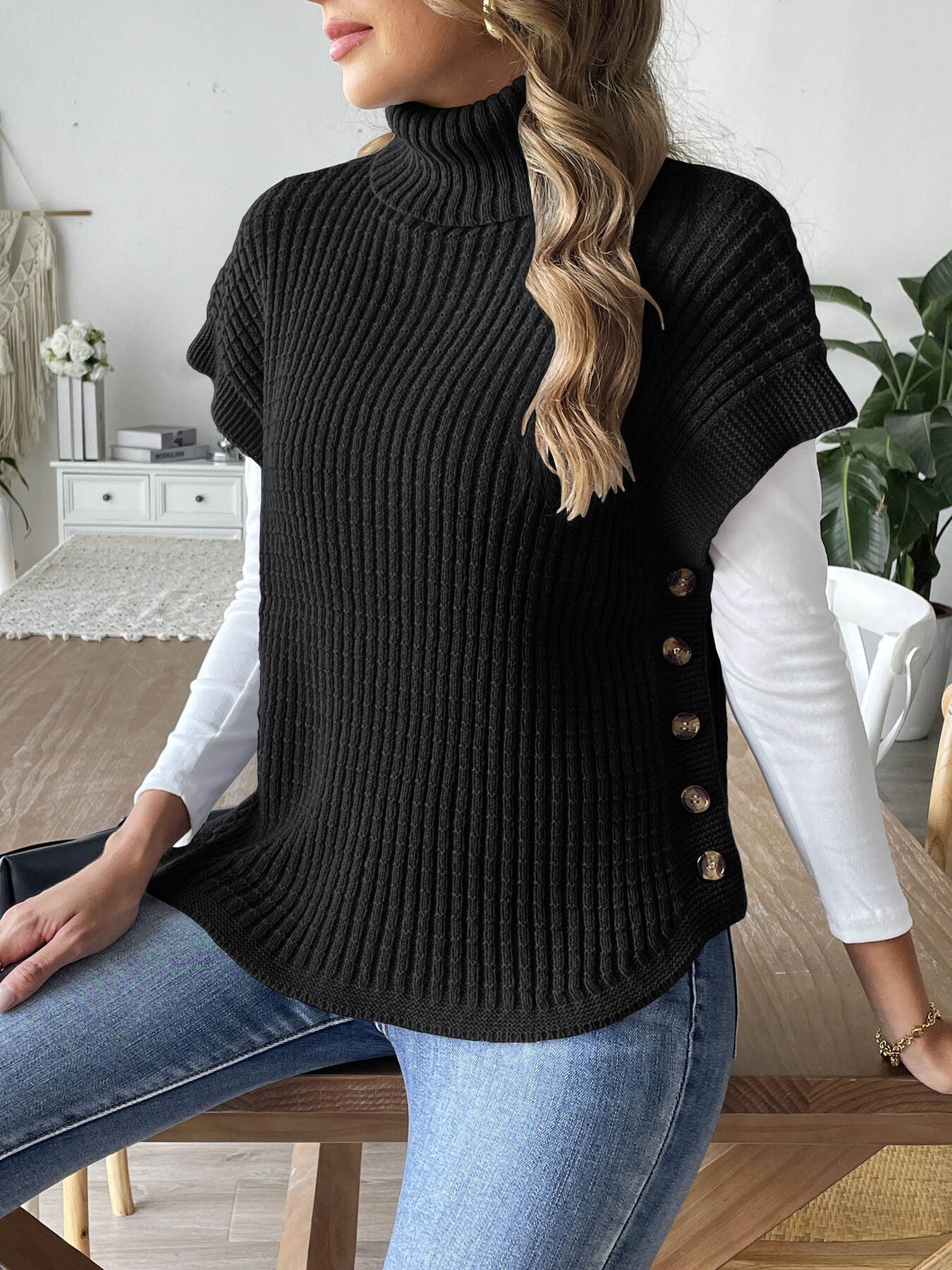 Niniane - Gilet in maglia con collo alto e bottoni laterali