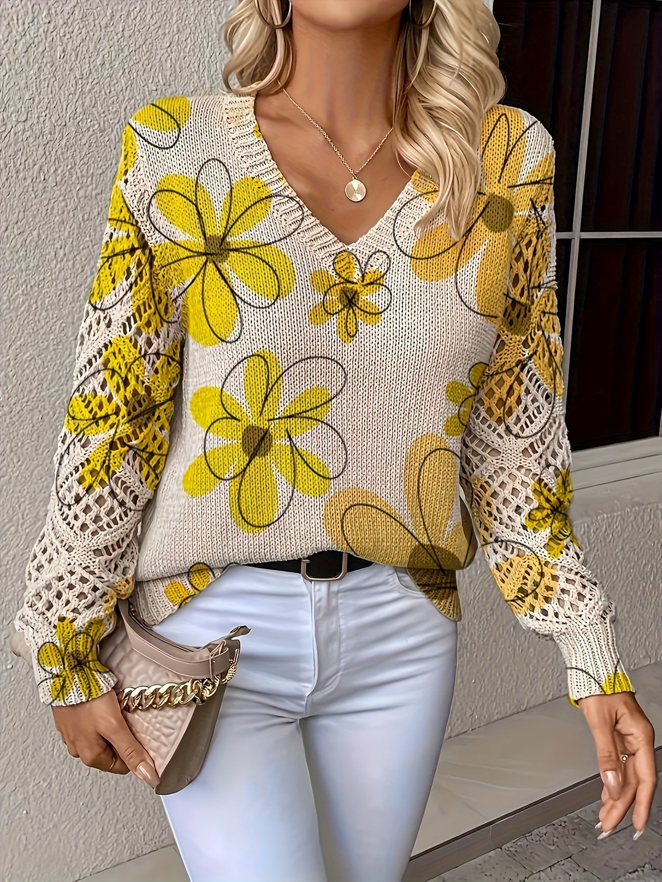 Kacey - Maglione elegante a V con motivo floreale