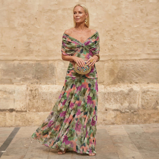 Abito Midi Elegante Plissettato Fluido Multicolore da Donna