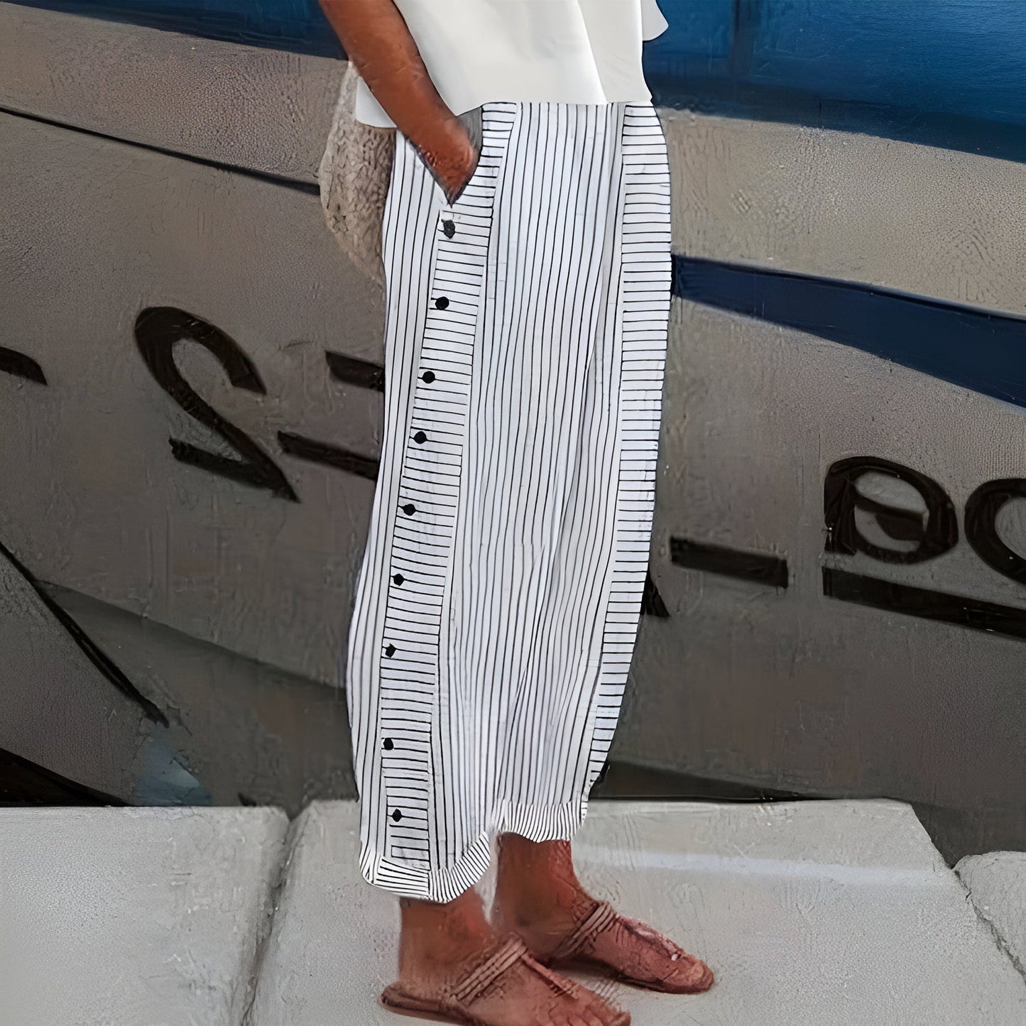 Pantaloni Casual a Righe con Bottoni da Donna