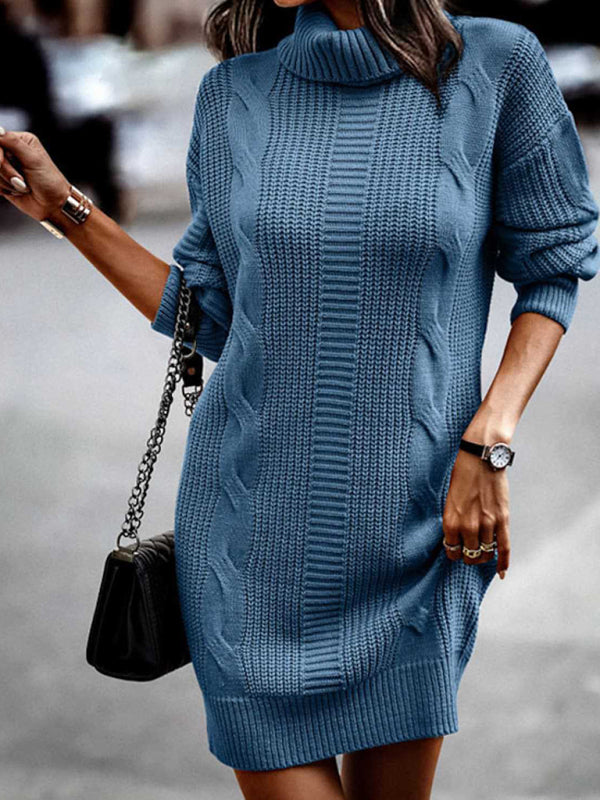 Riana - Elegante abito maglia midi con collo alto e maniche lunghe