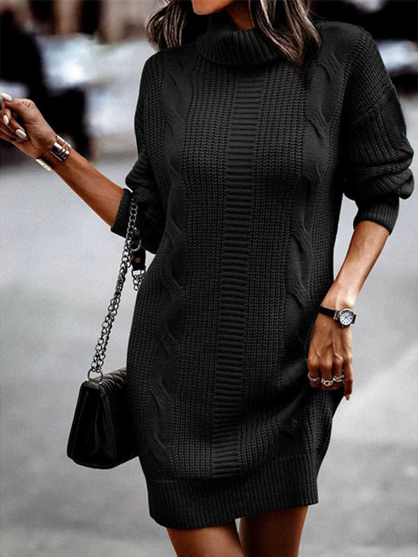 Riana - Elegante abito maglia midi con collo alto e maniche lunghe