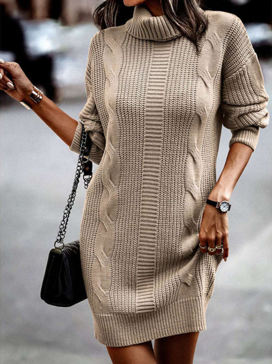 Riana - Elegante abito maglia midi con collo alto e maniche lunghe