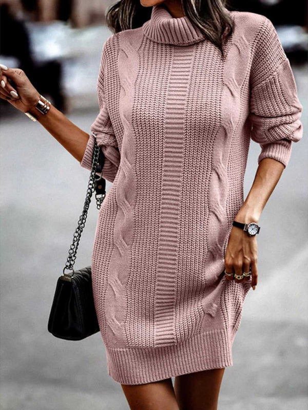 Riana - Elegante abito maglia midi con collo alto e maniche lunghe