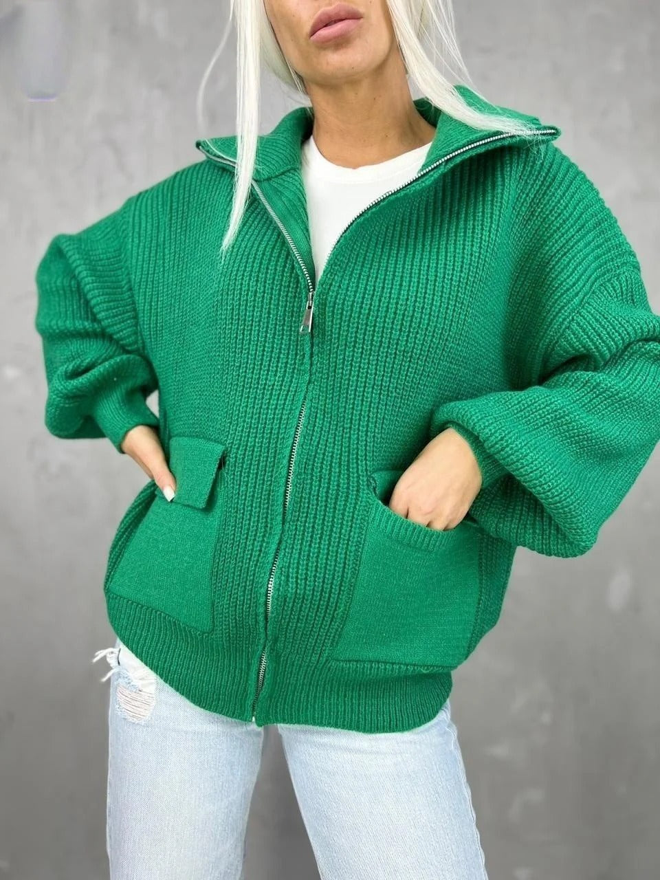 Romelia - Cardigan ampio in maglia con zip caldo