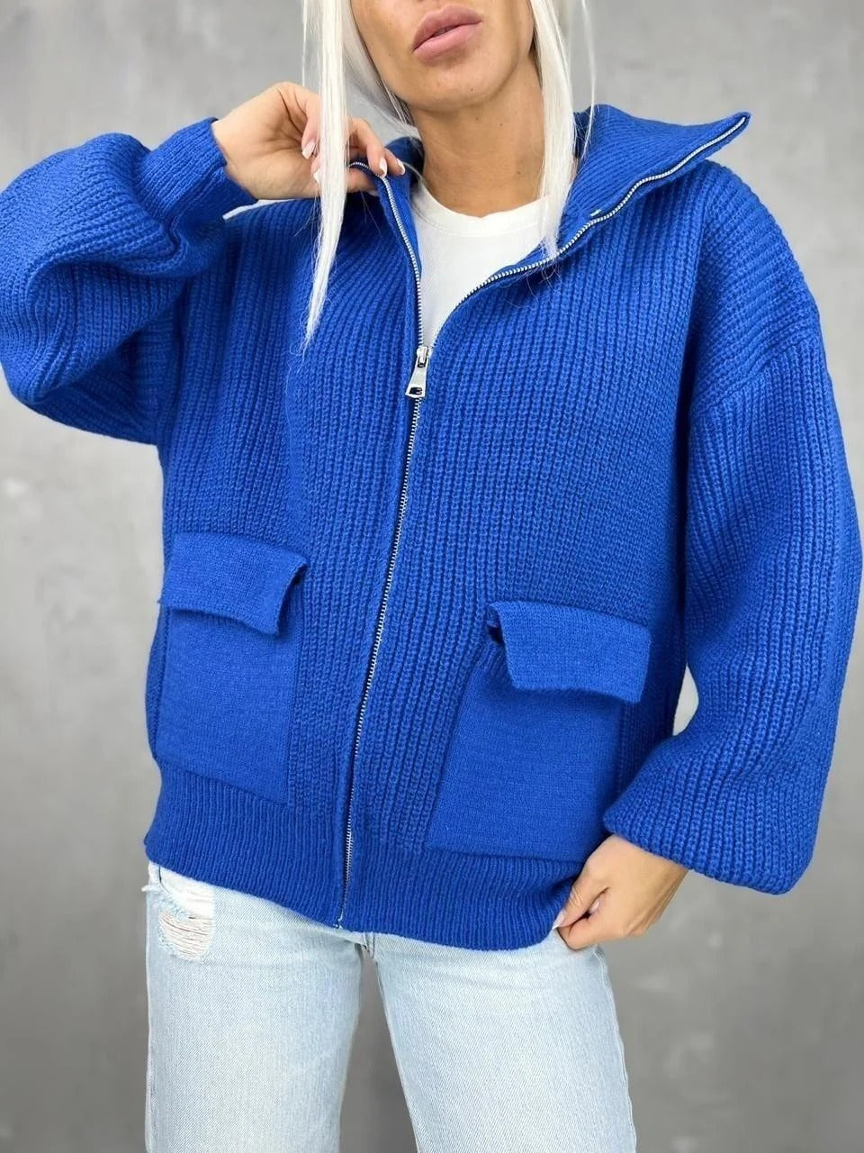 Romelia - Cardigan ampio in maglia con zip caldo