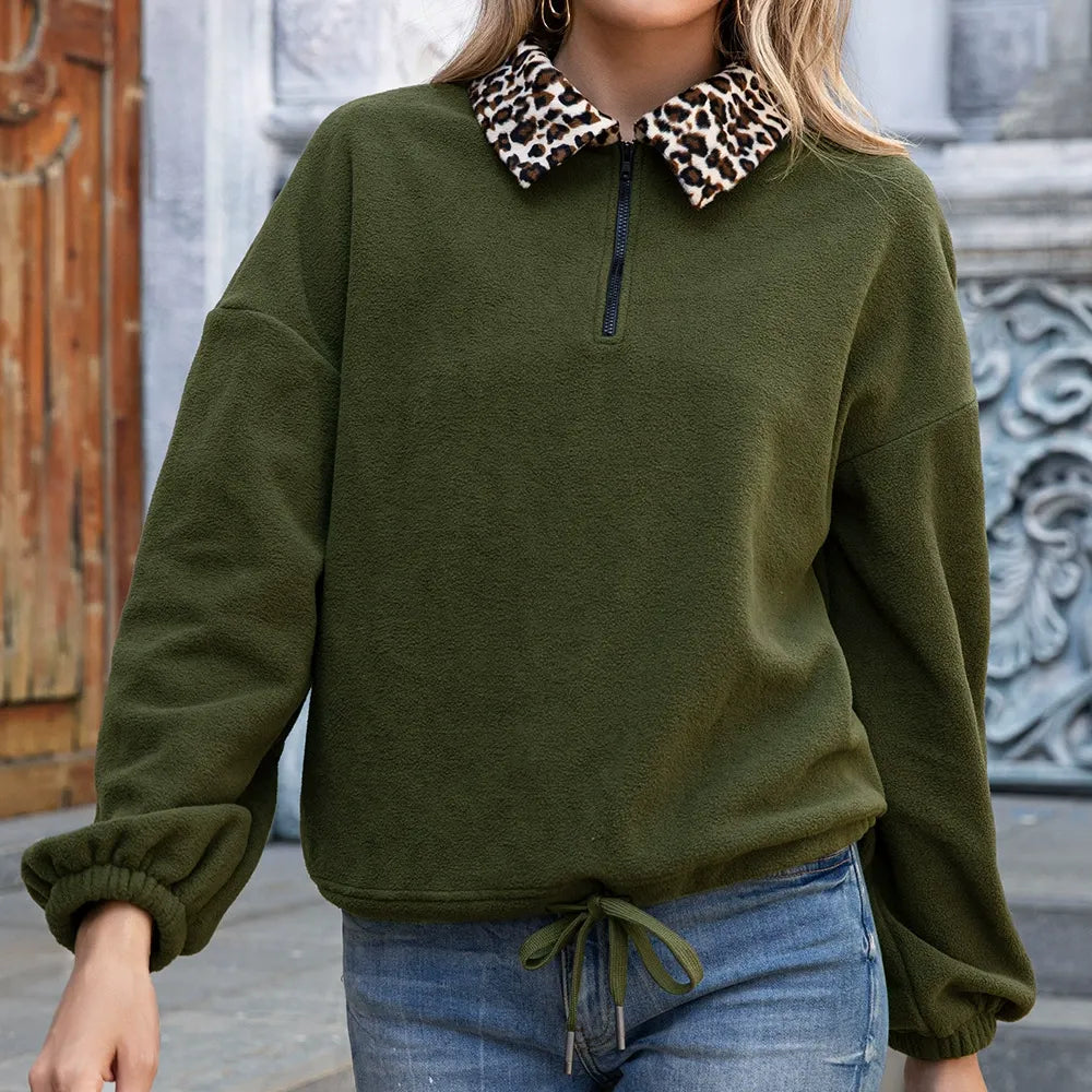 Wendeline - Elegante maglione in pile con colletto in finta pelliccia leopardata