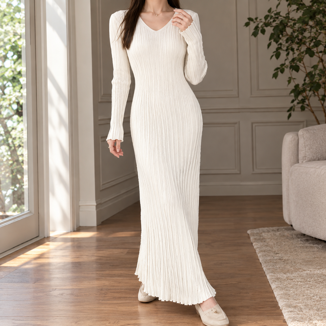 Abito Lungo da Donna a Pieghe con Scollo a V e Orlo a Sirena