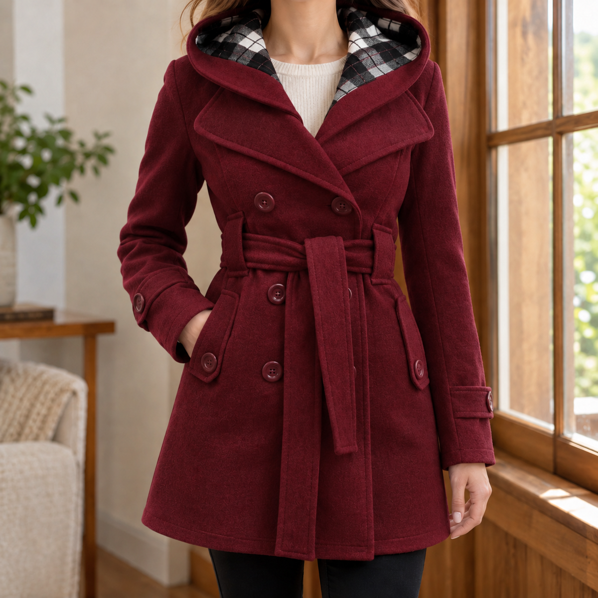 Cappotto a Quadri da Donna con Cappuccio e Cintura