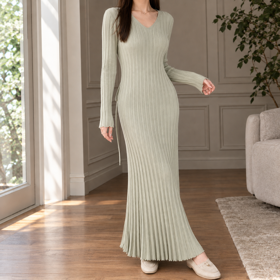 Abito Lungo da Donna a Pieghe con Scollo a V e Orlo a Sirena