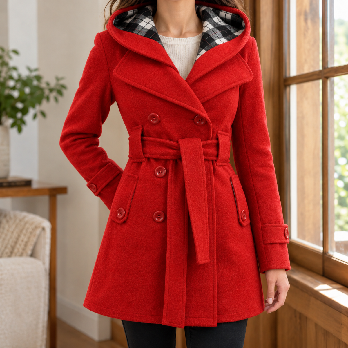Cappotto a Quadri da Donna con Cappuccio e Cintura