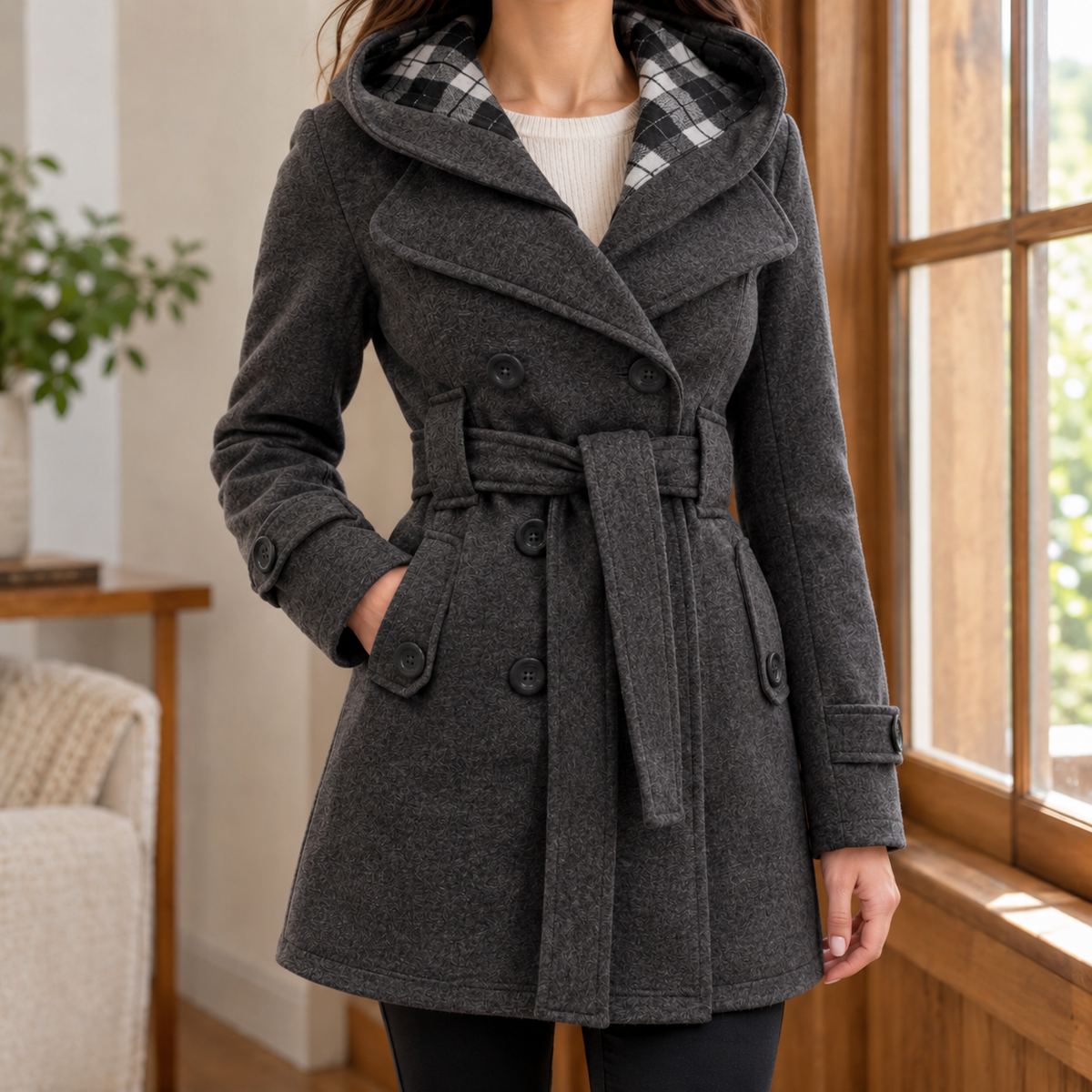 Cappotto a Quadri da Donna con Cappuccio e Cintura