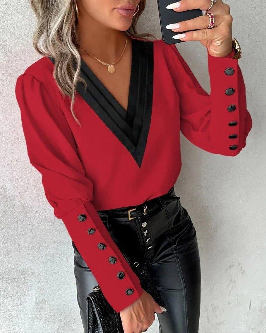 Blusa con Scollo a V e Maniche Lunghe da Donna