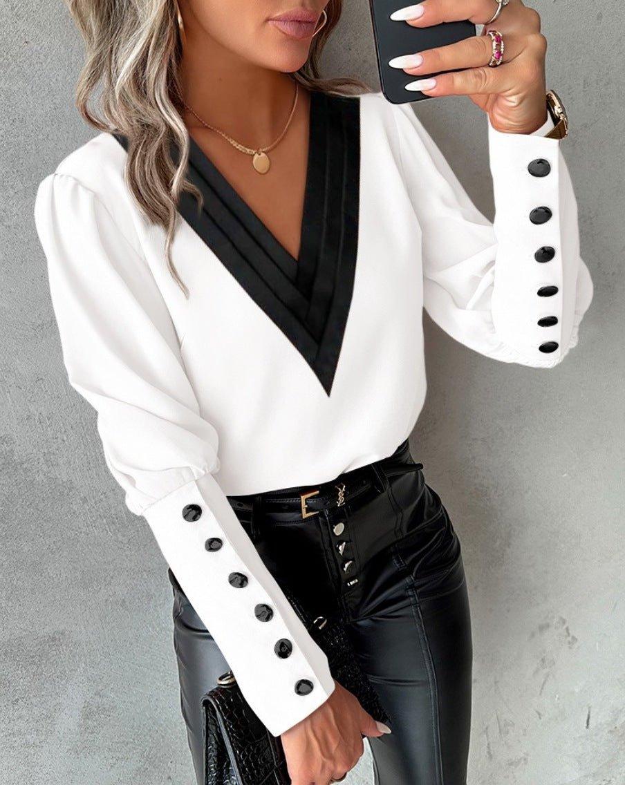 Blusa con Scollo a V e Maniche Lunghe da Donna