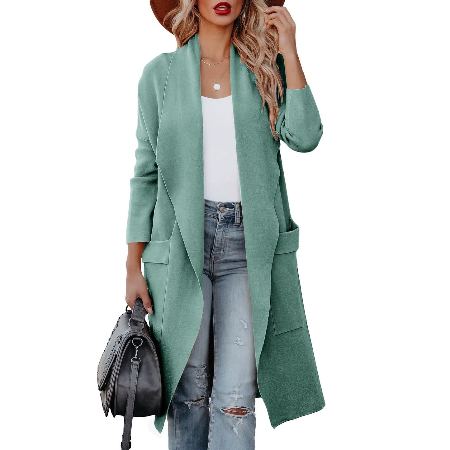 Aminah - Cardigan lungo elegante classico con revers a lancia e apertura frontale