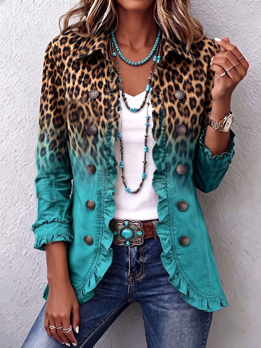 Giacca Leopardata Turchese con Volant da Donna