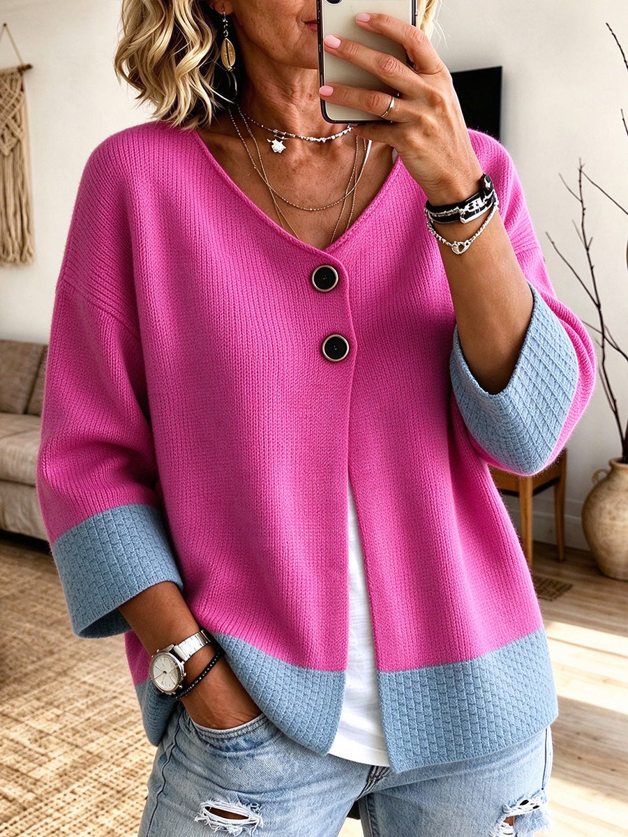 Cardigan da Donna con Bottoni e Blocchi di Colore