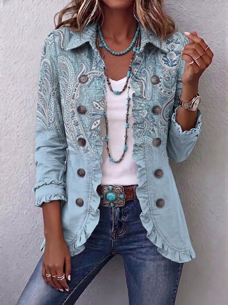 Giacca Azzurro con Stampa Paisley e Volant da Donna