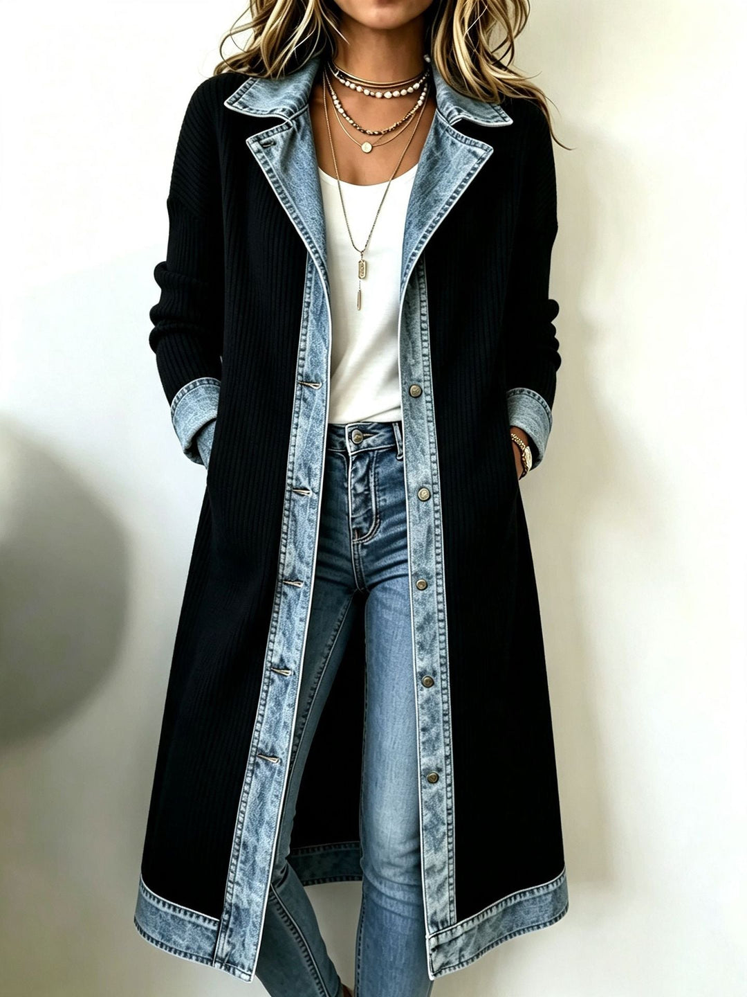 Cardigan Lungo da Donna con Profili a Contrasto