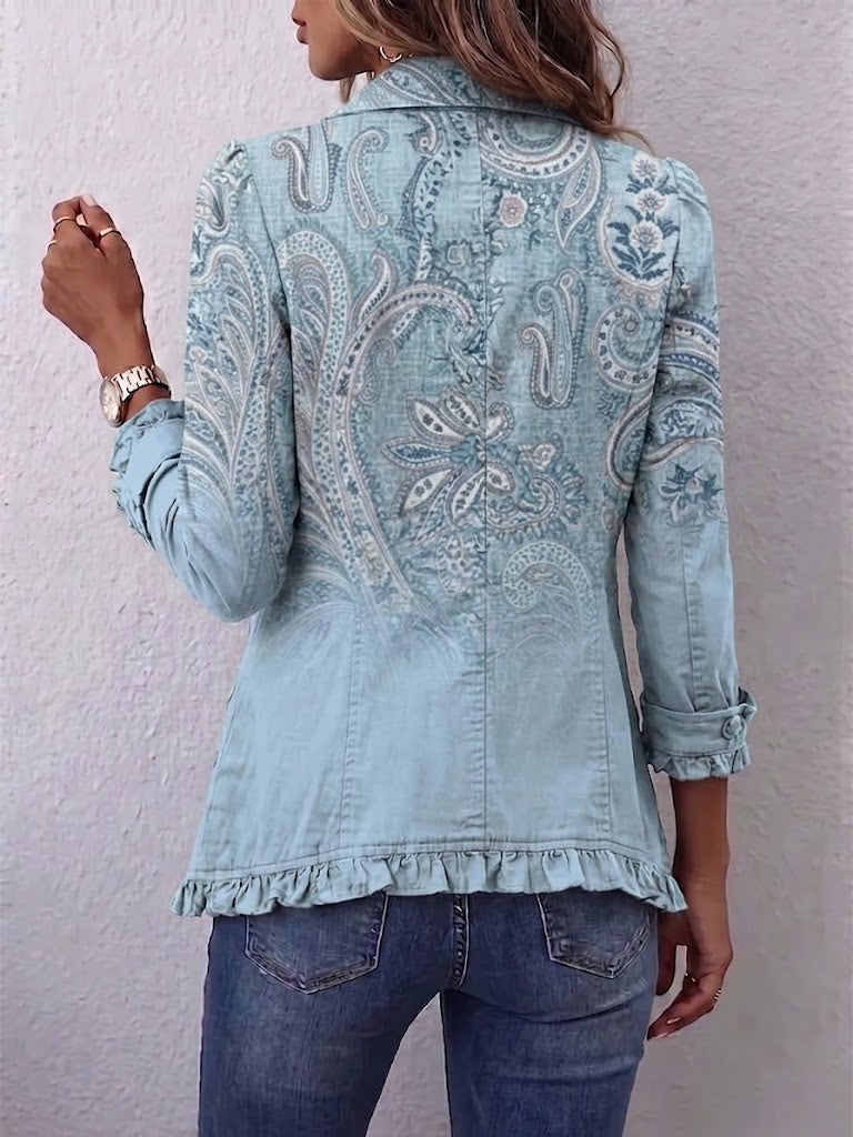 Giacca Azzurro con Stampa Paisley e Volant da Donna