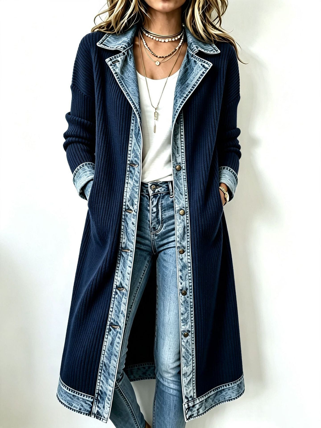 Cardigan Lungo da Donna con Profili a Contrasto