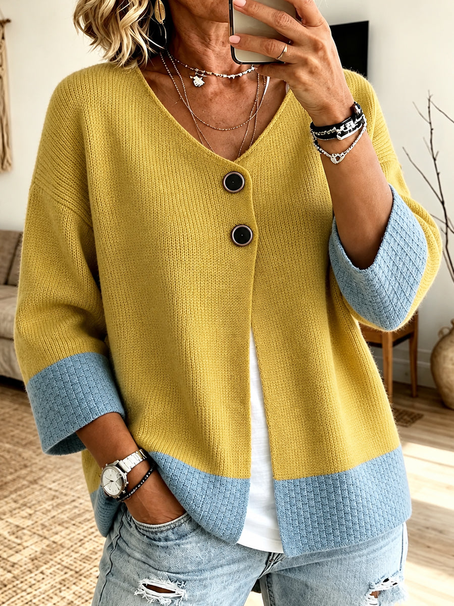Cardigan da Donna con Bottoni e Blocchi di Colore