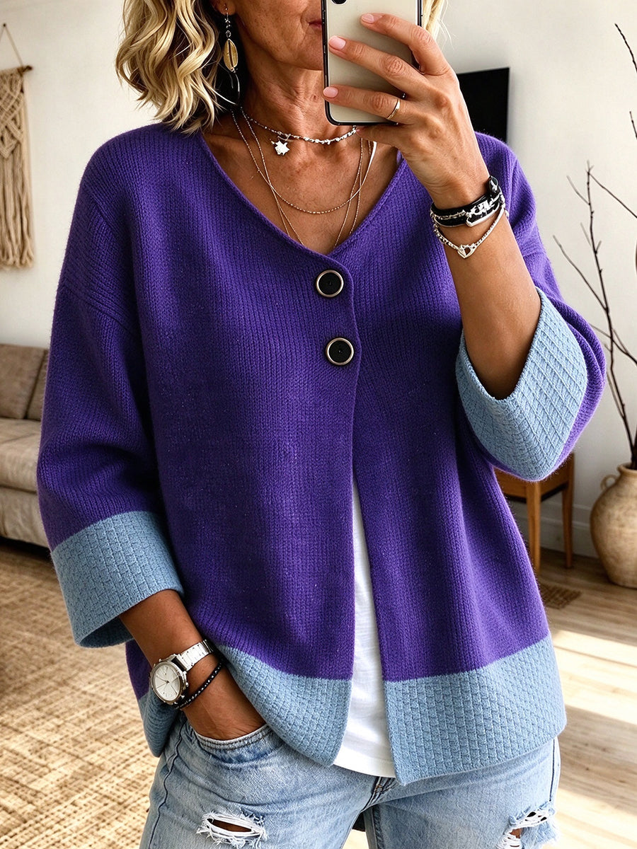 Cardigan da Donna con Bottoni e Blocchi di Colore