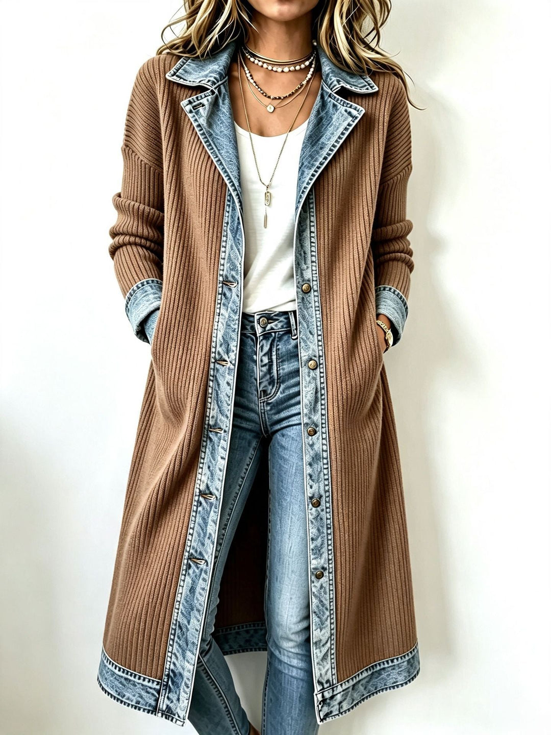 Cardigan Lungo da Donna con Profili a Contrasto