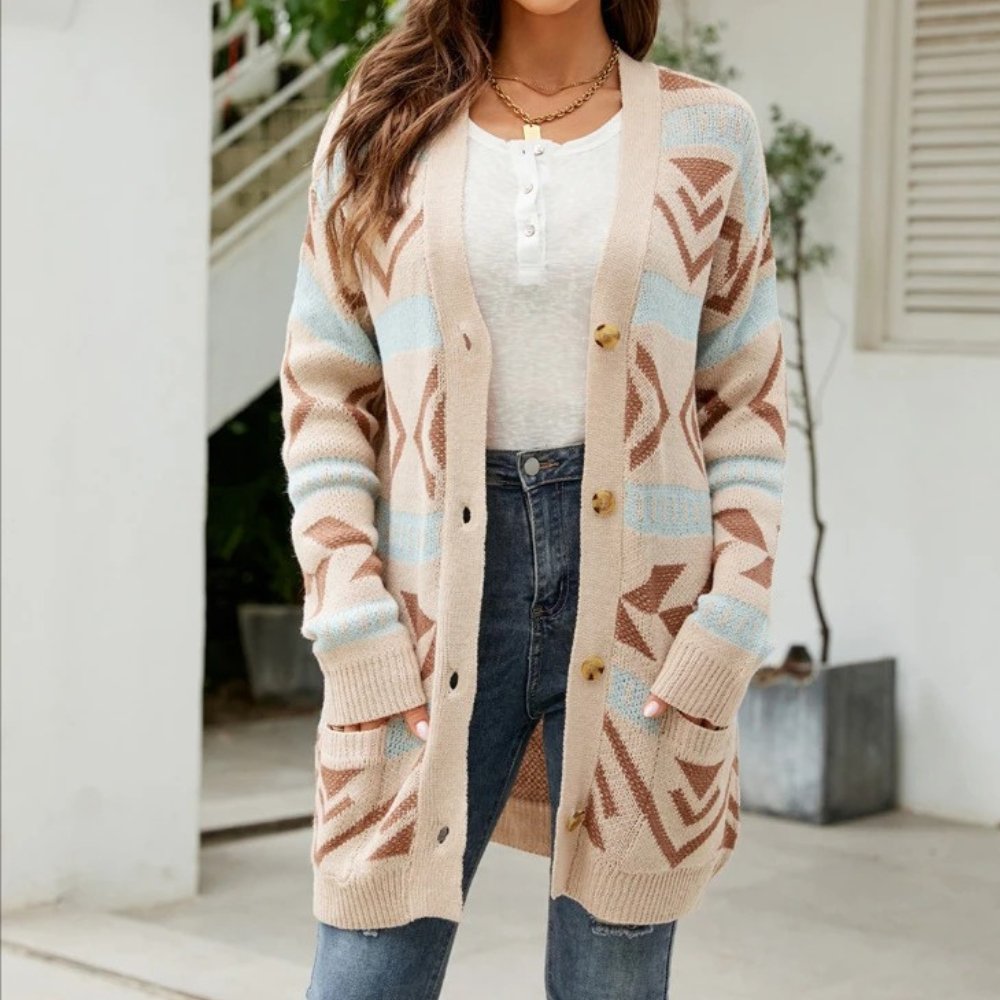 Sheily - Cardigan lungo con bottoni e fantasia
