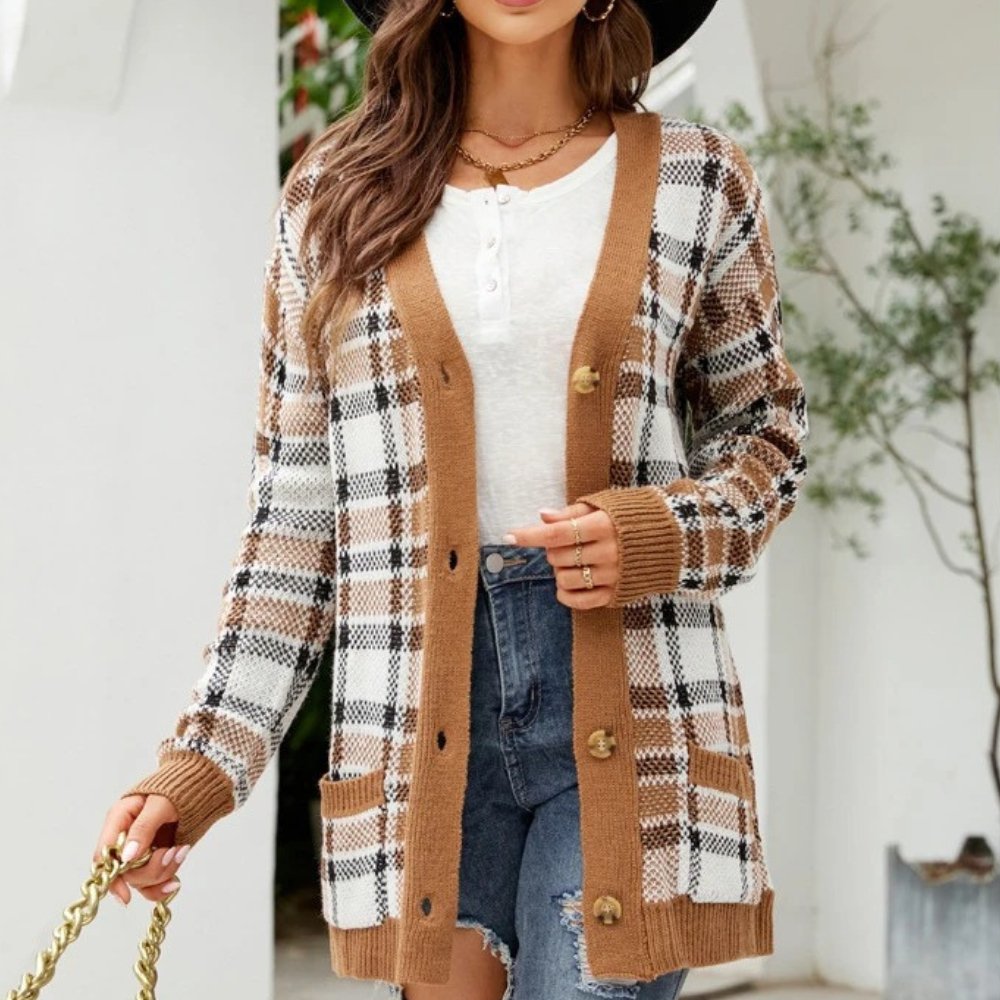 Sheily - Cardigan lungo con bottoni e fantasia
