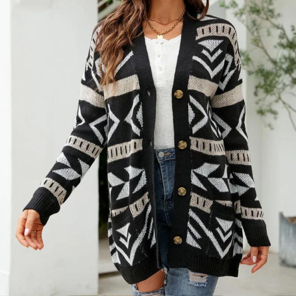 Sheily - Cardigan lungo con bottoni e fantasia