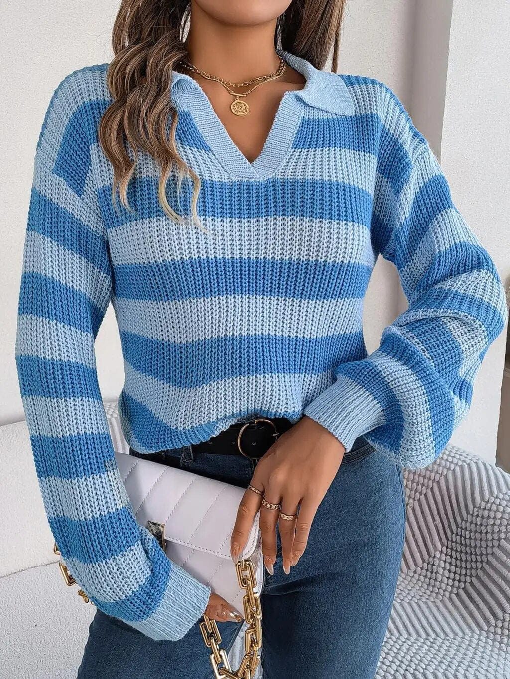 Lizeth - Maglione a righe con scollo a V e coste