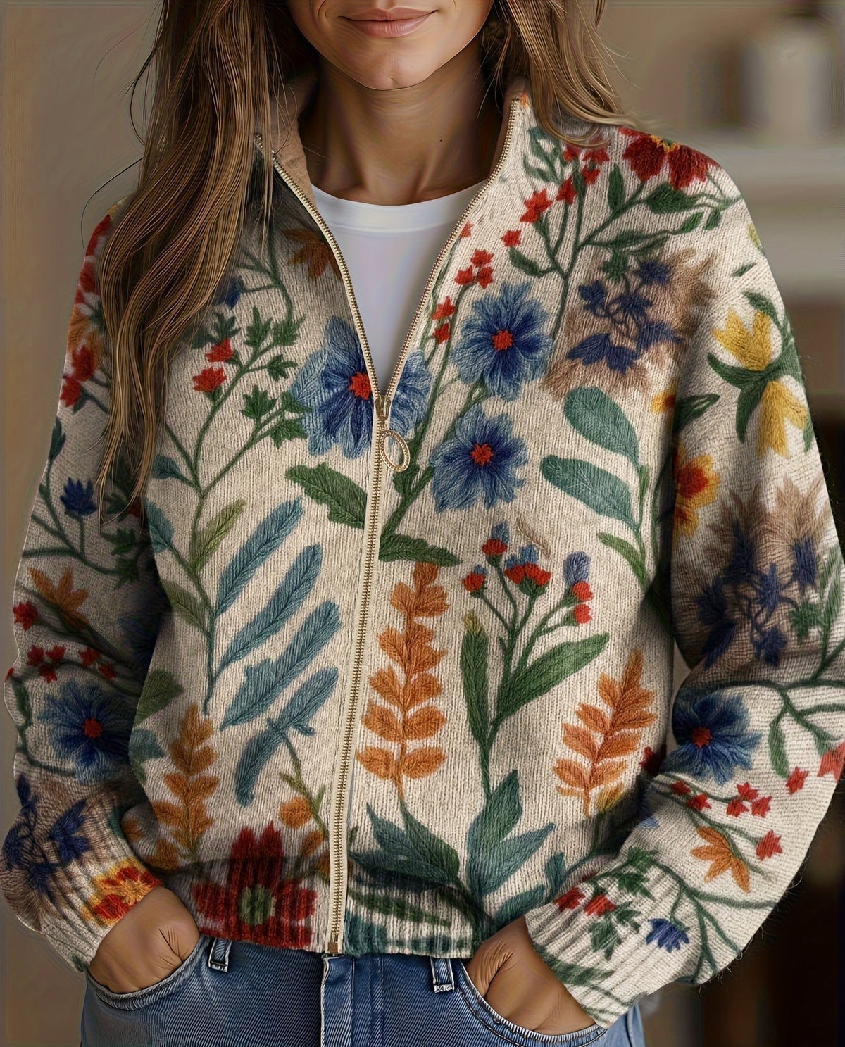 Cardigan Botanico in Maglia con Zip da Donna
