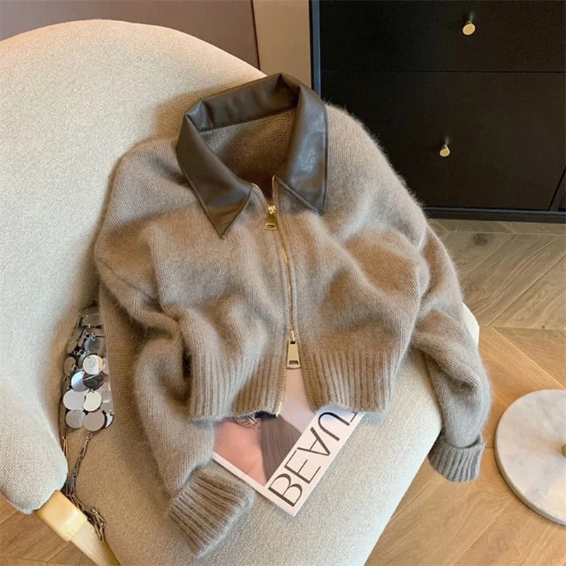 Beatrice - Maglione lavorato a maglia con colletto in pelle