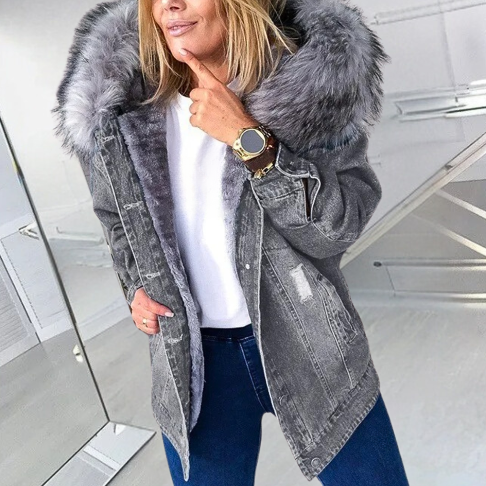 Zoya - Giacca di jeans con cappuccio in pelliccia, stile largo