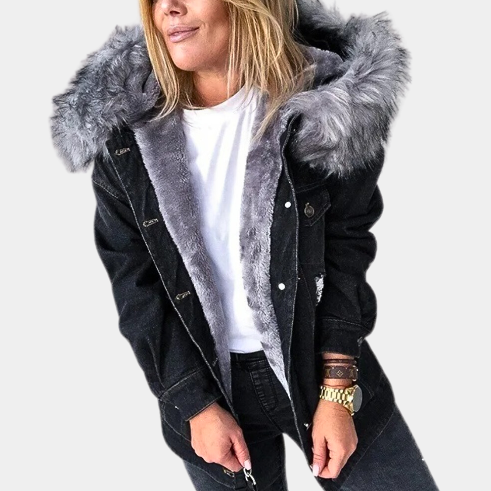 Zoya - Giacca di jeans con cappuccio in pelliccia, stile largo