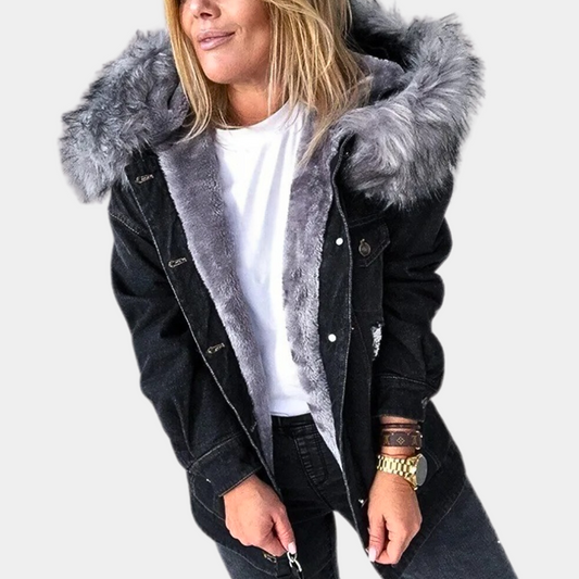 Zoya - Giacca di jeans con cappuccio in pelliccia, stile largo