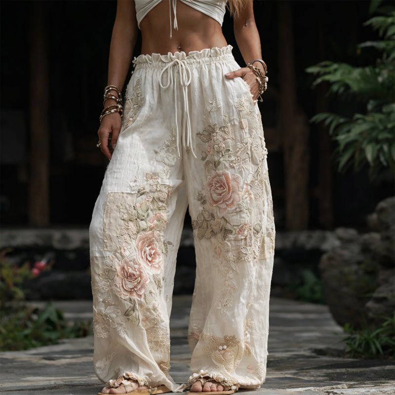 Pantaloni a Gamba Ampia Ricamati da Donna