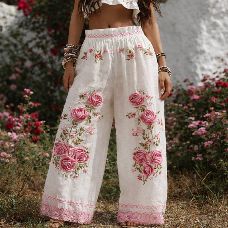 Pantaloni a Gamba Ampia Ricamati da Donna