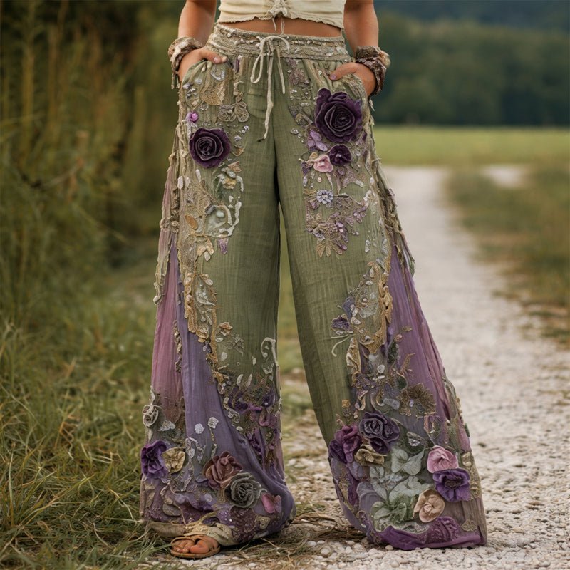 Pantaloni a Gamba Ampia Ricamati da Donna