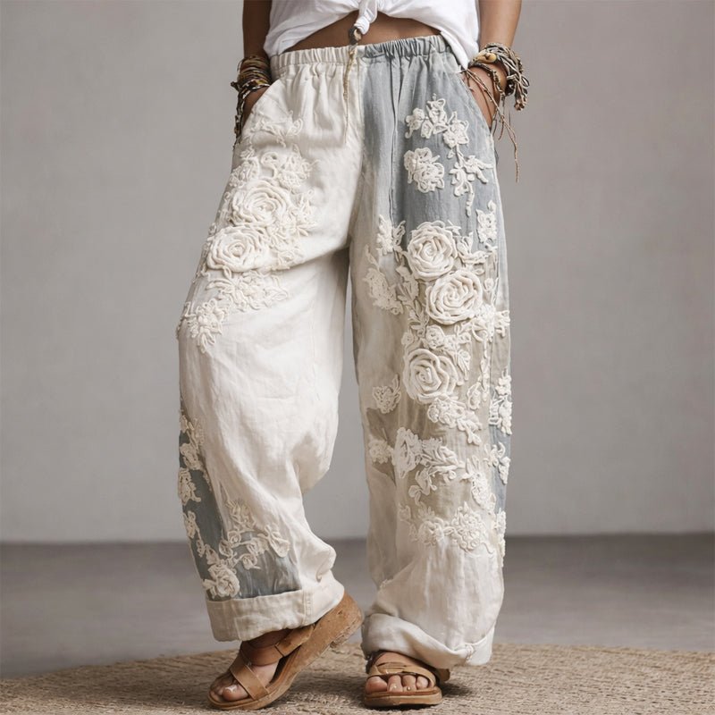 Pantaloni a Gamba Ampia Ricamati da Donna