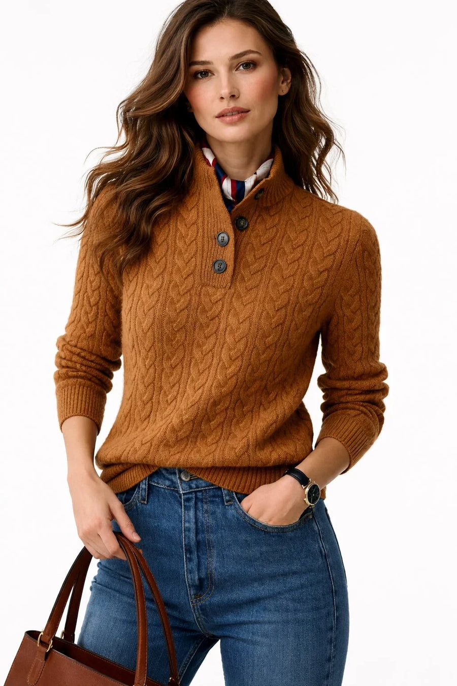 Maglione da Donna a Trecce con Scollo e Bottoni