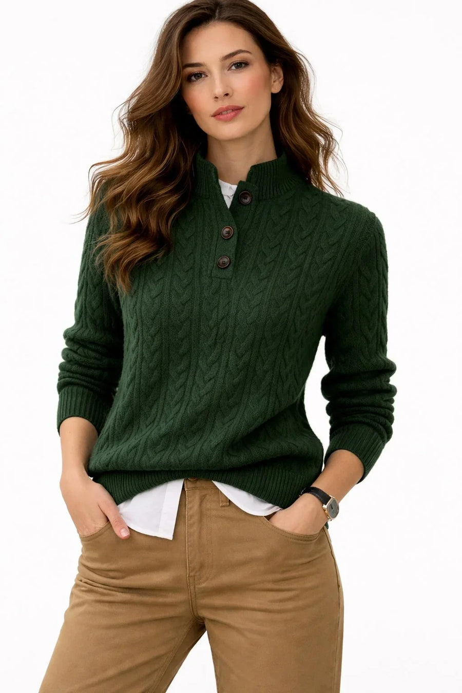 Maglione da Donna a Trecce con Scollo e Bottoni