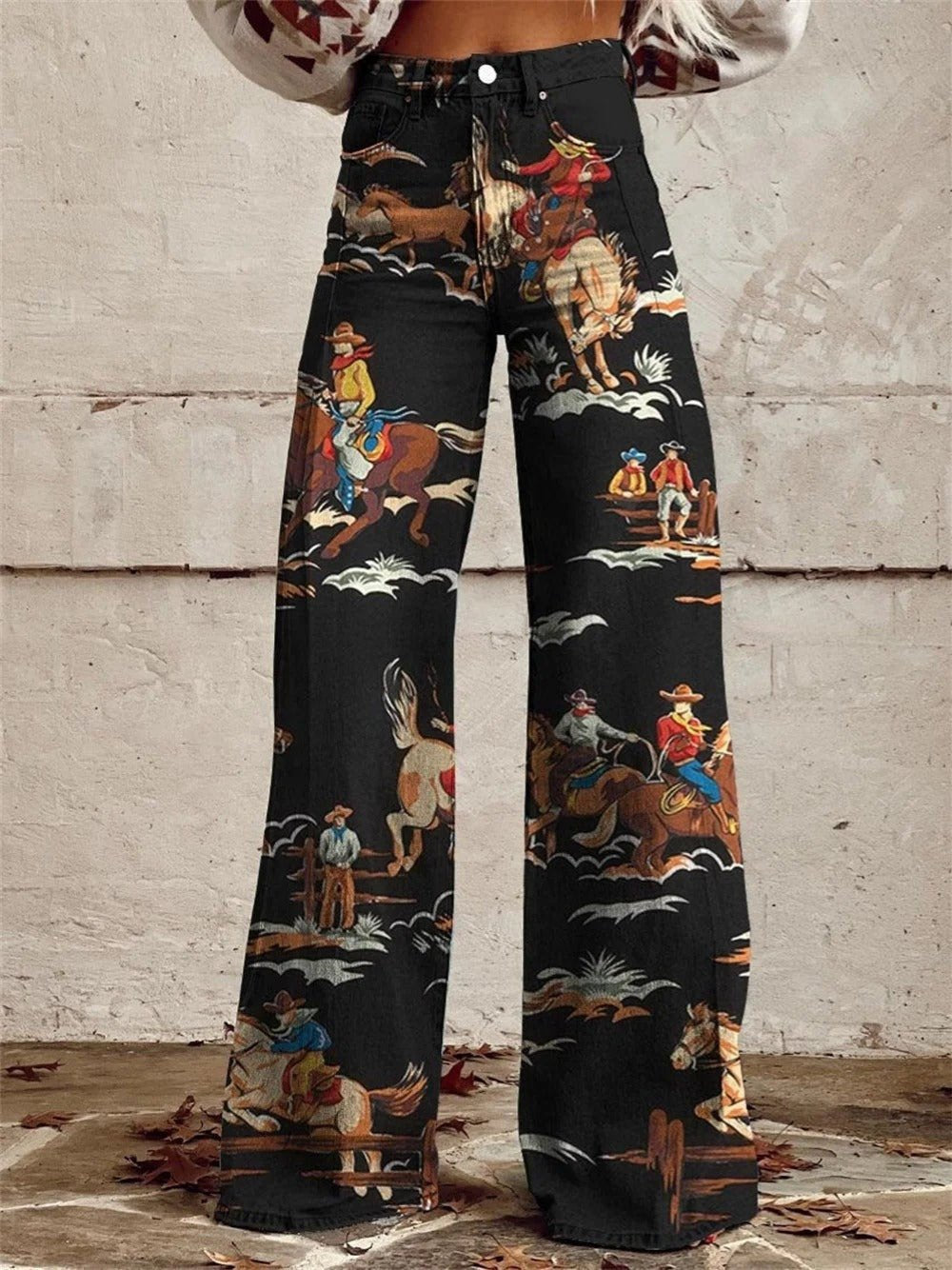 Jeans a Gamba Ampia con Stampa Western da Donna