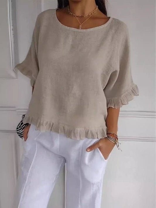 Blusa da Donna con Maniche a Tre Quarti e Bordi Sfilacciati