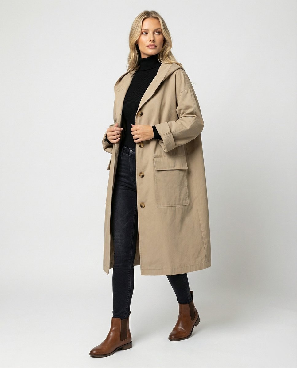 Trench lungo con cappuccio da donna
